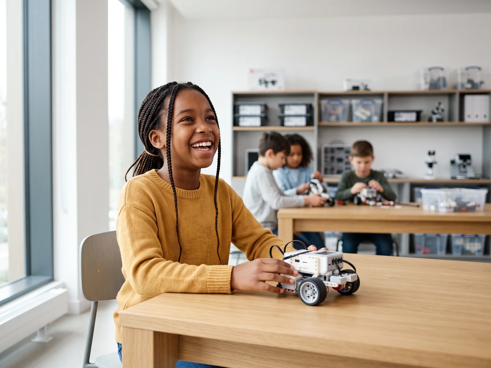 Mädchen mit selbstgebautem Roboter – Technik & Robotik für Kinder